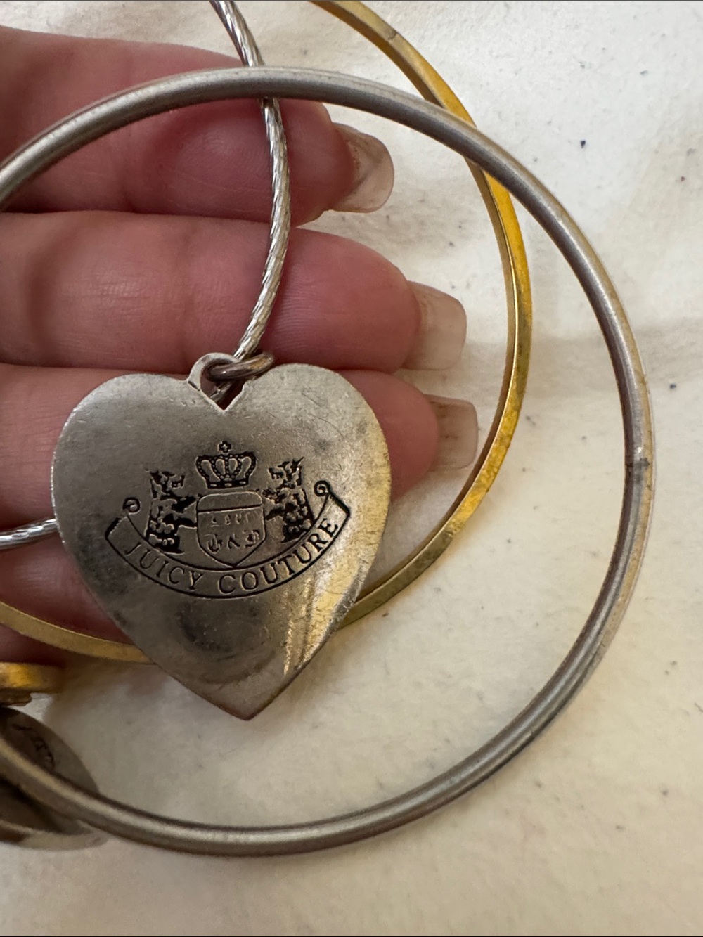 Pre- Own Juicy Couture Silver Tone Heart Charm Bangle Set with Logo Discs - Picture 5 of 9